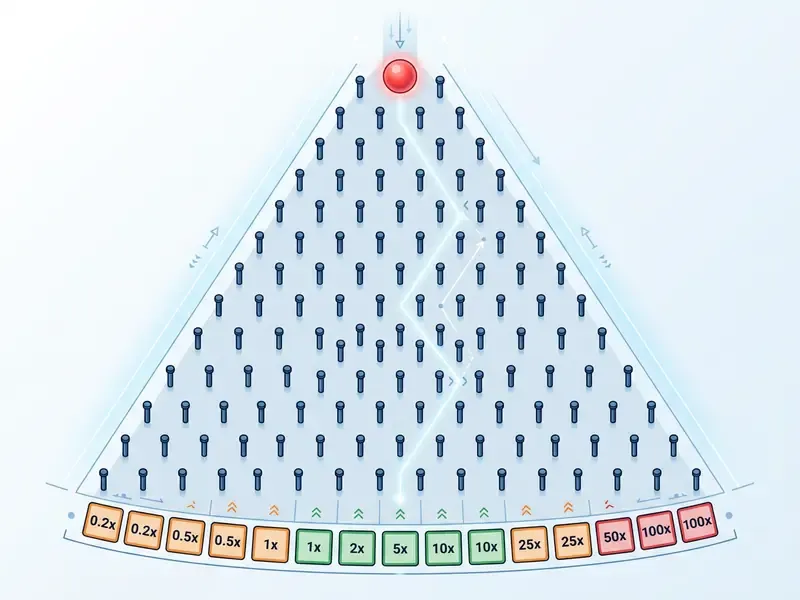 plinko game schéma du plateau avec bille, clous et multiplicateurs